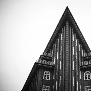 Wide angle view of Chilehaus (Chile House) example of brick expressionism architecture