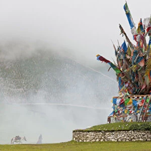 Wind Horse of buddhist prayer flags at horse festival nr Daofu, Tibetan area, Sichuan
