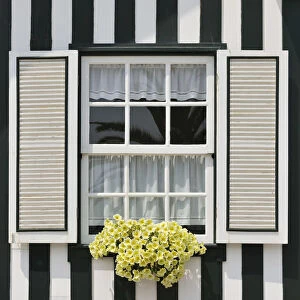 Window of a traditional striped painted house in the little seaside village of Costa Nova