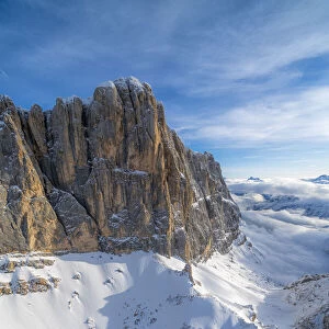 Winter aerial view of south face of Marmolada and Colle Ombretta, Dolomites