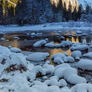 Winter landscape with iced river and El Capitan mountain behind, Yosemite National Park