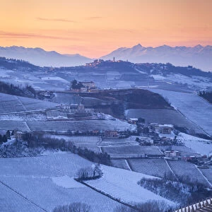 Winter sunset on La Morra village viewed from Serralunga d Alba