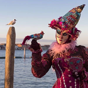 Woman in costume holding a bird at Carnival time and gull on post, Lagoon, Venice