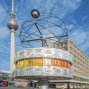 World time clock with TV tower, Alexanderplatz, Berlin, Germany
