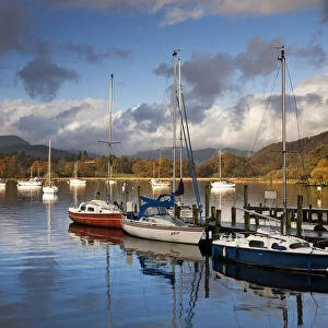 Yachts moored on Windermere at Waterhead, Lake District, Cumbria, England. Autumn