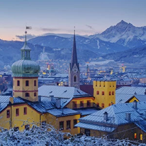 The yellow castle of Buechsenhausen at Dawn, Innsbruck, Tyrol, Austria