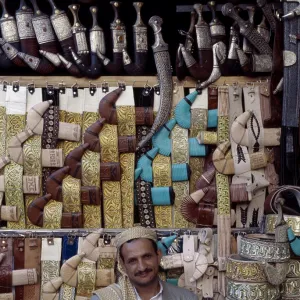 Yemeni trader sells traditional daggers at his stall