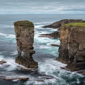 Yesnaby Castle sea stack on the wild west coast of Mainland, Orkney Islands, Scotland. Autumn (October) 2022