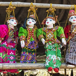 Yoke the, traditional Burmese marionettes, on sale in the local market, Bagan, Mandalay