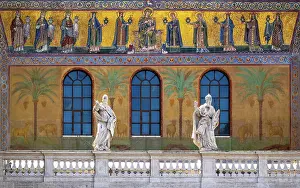 Balustrade Prints: 12 century mosaic of the Virgin Mary with the infant Jesus flanked by 10 women holding lamps on the facade of Basilica