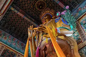 Peking Prints: 18m-high statue of the Maitreya Buddha in Wanfu Pavilion at Yonghe (or Lama) Temple