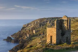 Engine House Prints: Abandoned Cornish tin mine engine houses on the cliffs at Botallack, Cornwall, England
