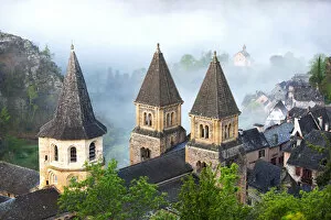 Abbey church of Saint Foy in morning mist, Conques, Aveyron, Languedoc-Roussillon