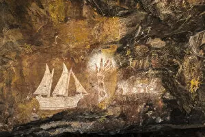 Northern Territory Gallery: Aboriginal rock art by the late Jacob Nayinggul depicting a Maccassan ship