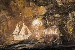 Rock Art Gallery: Aboriginal rock art by the late Jacob Nayinggul depicting a Maccassan ship