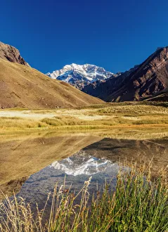 Aconcagua Mountain reflecting in the Espejo Lagoon, Aconcagua Provincial Park, Central