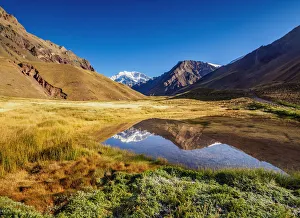Aconcagua Mountain reflecting in the Espejo Lagoon, Aconcagua Provincial Park, Central