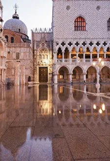 Piazzetta Prints: Acqua Alta in St Marks square at sunrise, Venice, Veneto, Italy