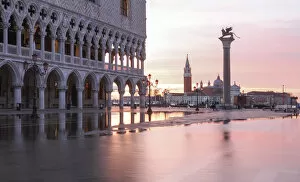 Images Dated 25th February 2019: Acqua Alta in St Marks square at sunrise, Venice; Veneto; Italy