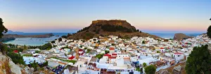 Acropolis Of Lindos Gallery: Acropolis of Lindos & village illuminated at dusk, Lindos, Rhodes, Greece