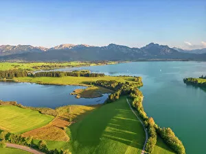 Images Dated 30th September 2022: Aerail view at the Forggensee in the evening light, Allgau, Bavaria, Germany