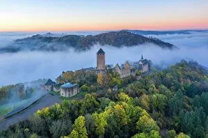 Images Dated 15th March 2023: Aerail view at Lichtenberg castle in morning fog, Thallichtenberg, Rhineland-Palatinate, Germany