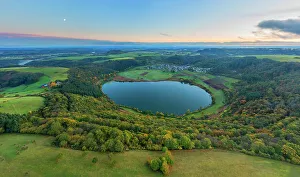 Maar Prints: Aerail view at Meerfelder Maar at sunset, Eifel, Rhineland-Palatinate, Germany