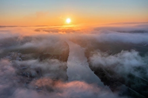 River Mosel Prints: Aerail view at the morning fog above Kesten, Mosel, Rhineland-Palatinate, Germany
