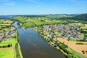 Saar Valley Prints: Aerail view at Schoden, the Van Volxem winery and vinothek with river Saar