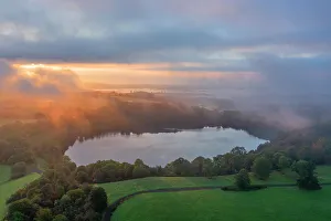 Maar Prints: Aerail view at Weinfelder Maar at sunrise, Eifel, Rhineland-Palatinate, Germany