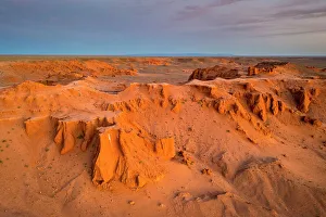 Gobi Desert Prints: Aerial of Bayanzag (the Flaming Cliffs) at sunrise, Gobi Desert, Mongolia