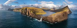 Images Dated 27th February 2023: Aerial and Bosdalafossur waterfall and Sorvagsvatn, Sorvagsvatn, Vagar, Faroe Islands, Denmark