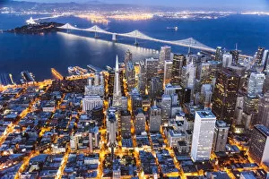 Suspension Bridge Collection: Aerial of downtown district at sunset, San Francisco, California, USA