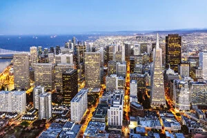 Images Dated 28th October 2016: Aerial of downtown district with Transamerica pyramid at dusk, San Francisco, California