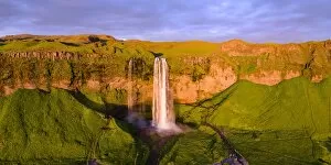Images Dated 24th June 2017: Aerial drone view of Seljalandsfoss waterfall at sunset, Iceland