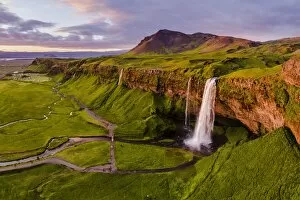 Images Dated 24th June 2017: Aerial drone view of Seljalandsfoss waterfall at sunset, Iceland