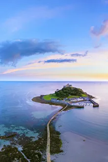 Fortified Prints: Aerial dusk view over Saint Michaels Mount, Marazion, near Penzance, Cornwall
