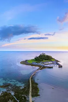 Images Dated 21st November 2019: Aerial dusk view over Saint Michaels Mount, Marazion, near Penzance, Cornwall