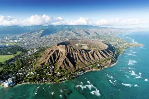 Hawaii Prints: Aerial, Helicopter Diamond Head Crater Honolulu