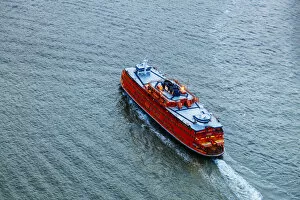 Aerial of iconic Staten Island Ferry boat, New York city, USA