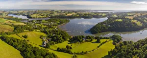 South Hams Prints: Aerial image of the village of Dittisham on the Dart Estuary, South Hams, Devon, England