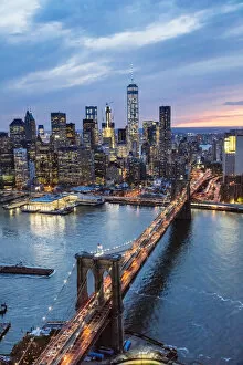 Images Dated 28th October 2016: Aerial of lower Manhattan skyline and Brooklyn bridge at dusk, New York, USA