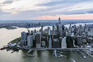 Aerial of lower Manhattan skyline at sunset, New York, USA