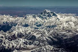 Himalaya Prints: Aerial of Mount Everest & Himalaya range on Paro to Kathmandu flight, Nepal
