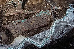 Himalaya Prints: Aerial of Pangboche village and Imja Khole valley, Solukhumbu, Nepal