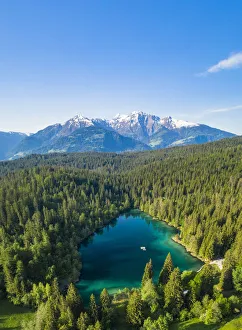 Flims Prints: Aerial panoramic of Cresta lake (Crestasee) and woods, Flims, canton of Graubunden