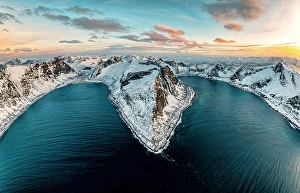 Fjord Prints: Aerial panoramic of fjords and snowcapped mountains