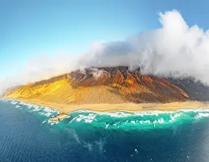 Fuerteventura Prints: Aerial panoramic of golden sand of Cofete beach washed by the crystal sea