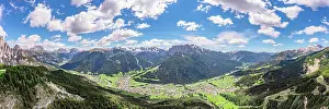 Environment Prints: Aerial panoramic of mountains and alpine villages of the green Val di Fassa in spring