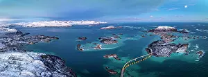 Connection Prints: Aerial panoramic of snowcapped mountains surrounding Sommaroy island and bridge at dusk